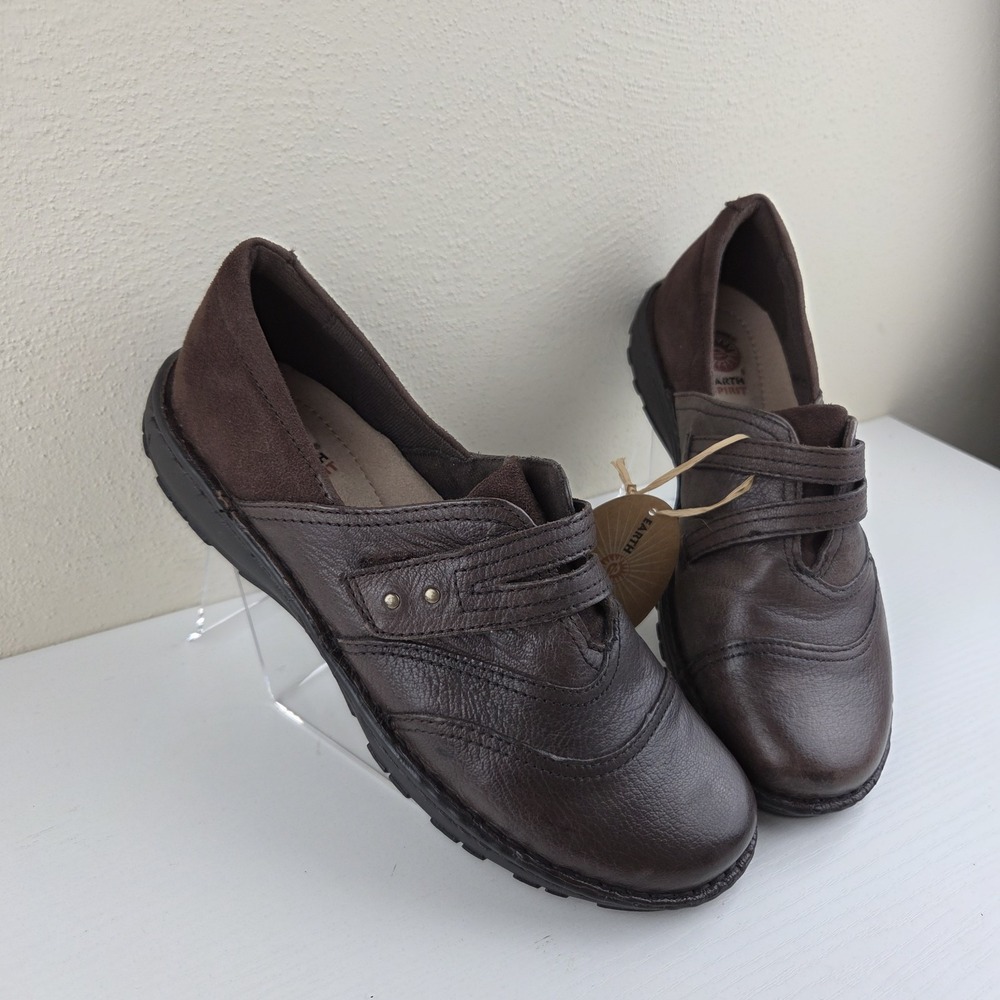 EARTH‎ SPIRIT Cari Brown Leather Flat Touch Closure Women's Shoes New With Tags